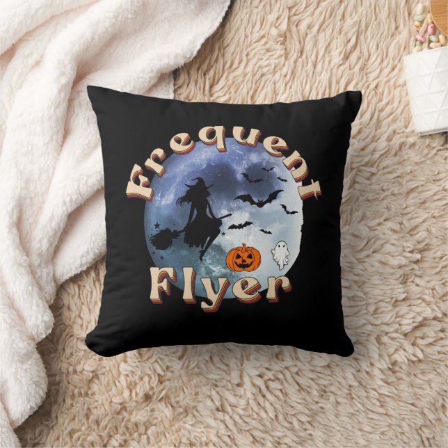 Frequent Flyer Halloween Witch Riding Broomstick Throw Pillow (Blanket)