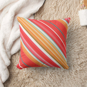 Fresh and Bright Red and Yellow Stripe and Plaid Throw Pillow