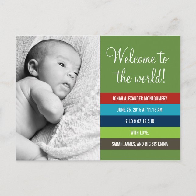 Fresh and Colourful Birth Announcement - Baby Boy (Front)