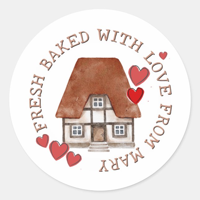 FRESH BAKED WITH LOVE Tudor House and Red Hearts Classic Round Sticker (Front)