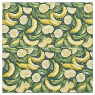 Fresh Bananas and Lemon Slices Watercolor Art Fabric