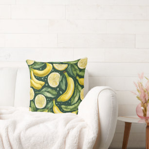 Fresh Bananas and Lemon Slices Watercolor Art  Throw Pillow