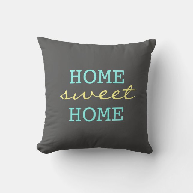 Fresh Blue Home Sweet Home Teal and Yellow Text Throw Pillow (Front)