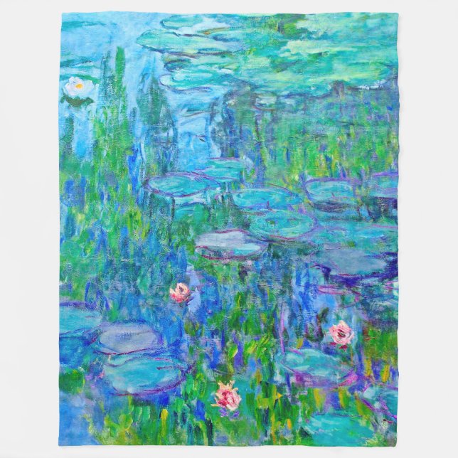 Fresh Blue Water Lily Pond Monet Fine Art Fleece Blanket (Front)