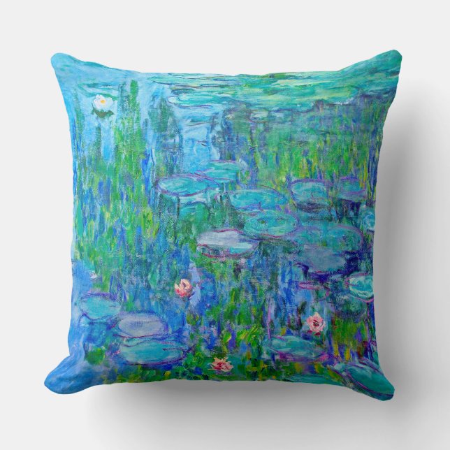 Fresh Blue Water Lily Pond Monet Fine Art Throw Pillow (Front)