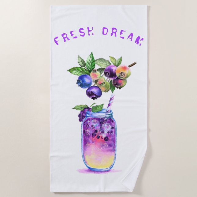Fresh Blueberry Drink Beach Towel - Custom Text (Front)