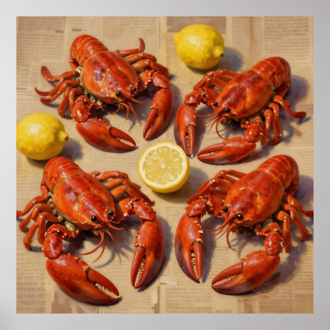 Fresh Boiled Lobster Lemon Newspaper Feast Poster (Front)