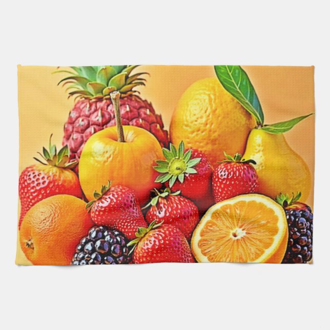 Fresh Bounty: Vibrant Fruit Harvest Design  Kitchen Towel (Horizontal)