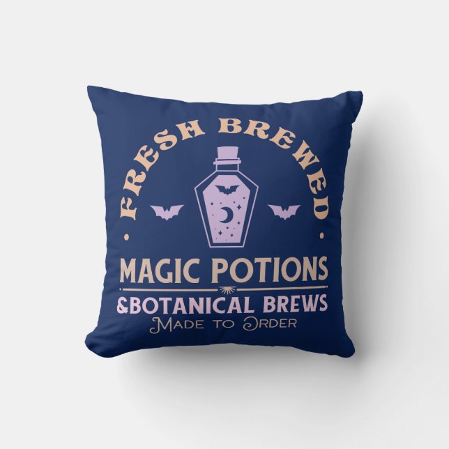 Fresh Brewed Magic Potions Witchy Blue Halloween Throw Pillow (Front)