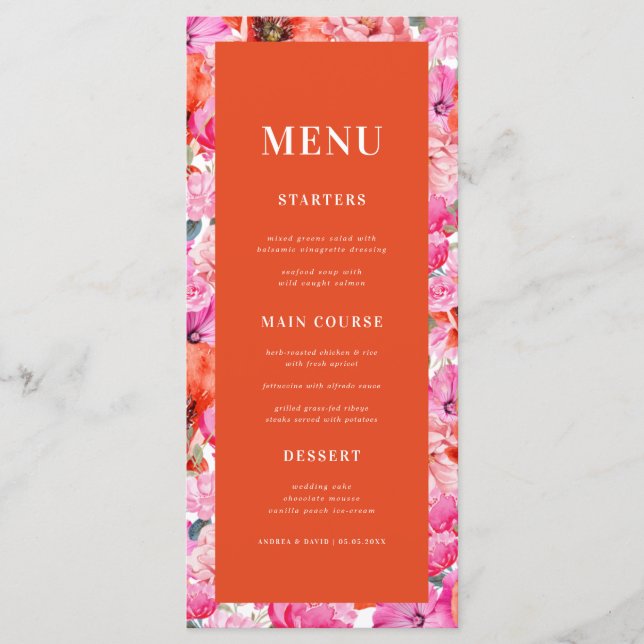 Fresh Bright Pink Red Poppy Floral Bloom Wedding Menu (Front)