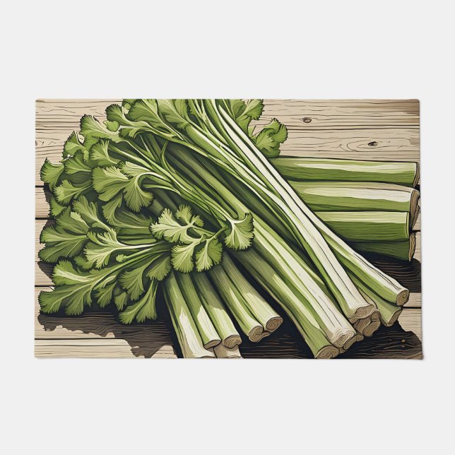 Fresh Celery Bunch on Wood Doormat (Front)