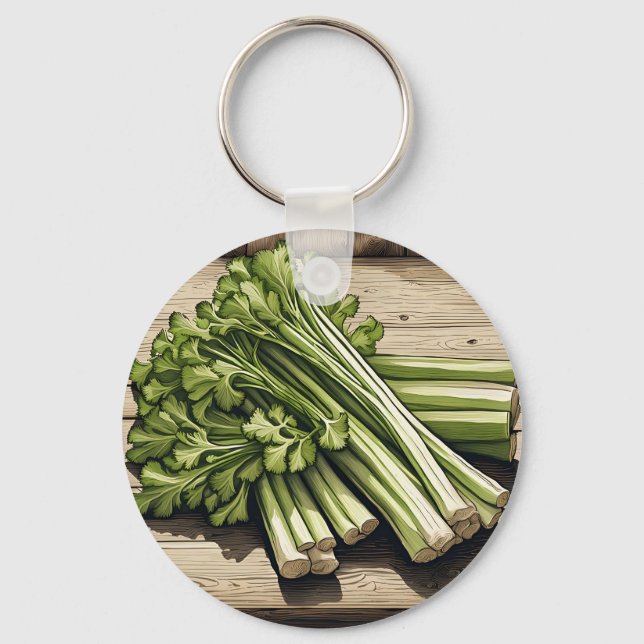 Fresh Celery Bunch on Wood Keychain (Front)