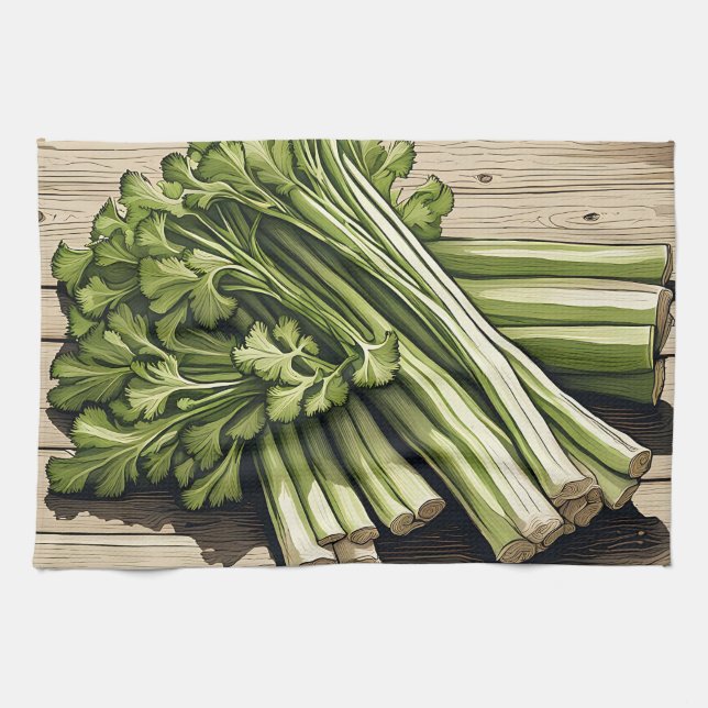Fresh Celery Bunch on Wood Kitchen Towel (Horizontal)