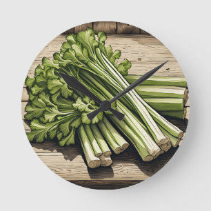 Fresh Celery Bunch on Wood Round Clock