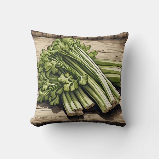 Fresh Celery Bunch on Wood Throw Pillow (Front)