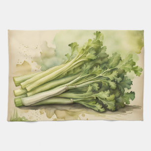 Fresh Celery Bunch Watercolor Kitchen Towel