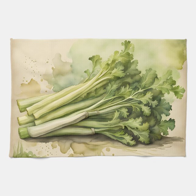 Fresh Celery Bunch Watercolor Kitchen Towel (Horizontal)
