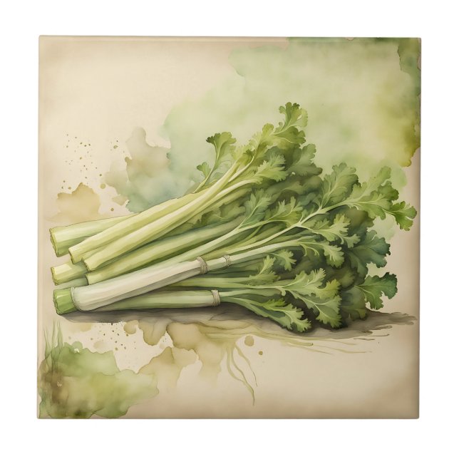 Fresh Celery Bunch Watercolor Tile (Front)