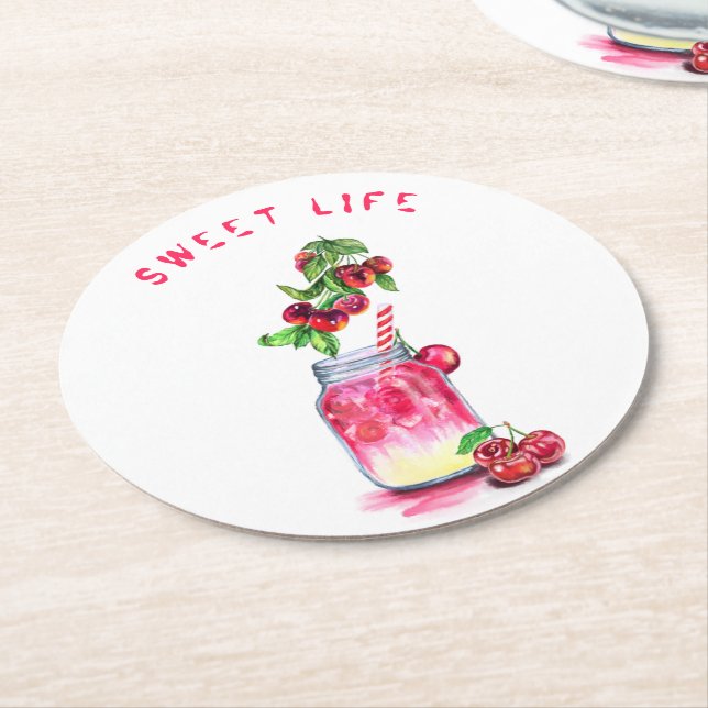 Fresh Cherry Drink Paper Coaster - Custom Text (Angled)