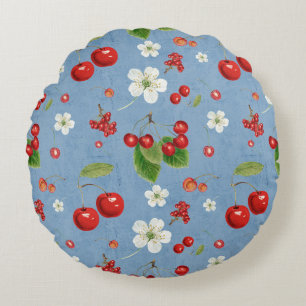 Fresh Cherry Harvest & Blossom Pattern Round Pillow