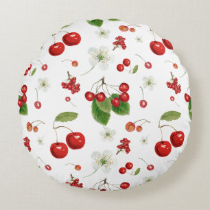 Fresh Cherry Harvest & Blossom Pattern Round Pillow