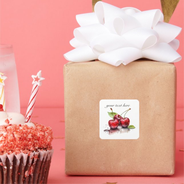 Fresh Cherry Trio in Watercolor, custom  Square Sticker (Party)