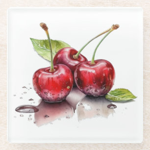 Fresh Cherry Trio in Watercolor Glass Coaster