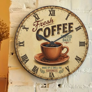Fresh Coffee Rustic Vintage Farmhouse Coffee Bar Large Clock