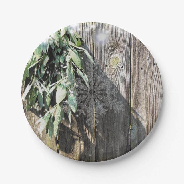 Fresh-cut Sage Barn-wood Snowflake Twinkle Lights Paper Plate (Front)