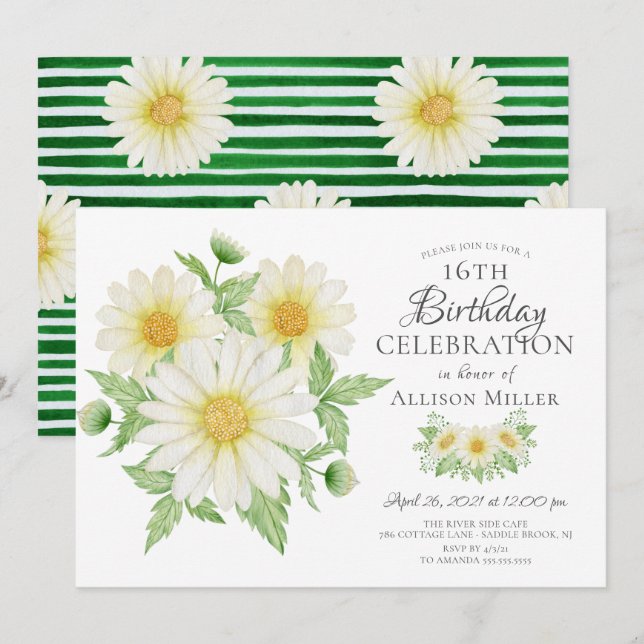 Fresh Daisy Floral 16th Birthday  Invitation (Front/Back)