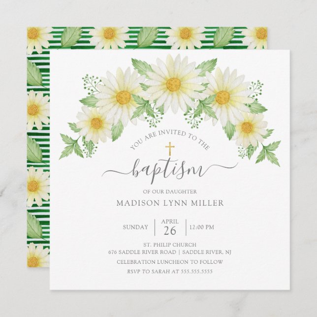 Fresh Daisy Rose Floral Baptism Invitation (Front/Back)