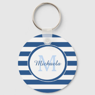 Fresh Dark Blue Monogram and Fat Stripes Pattern Keychain