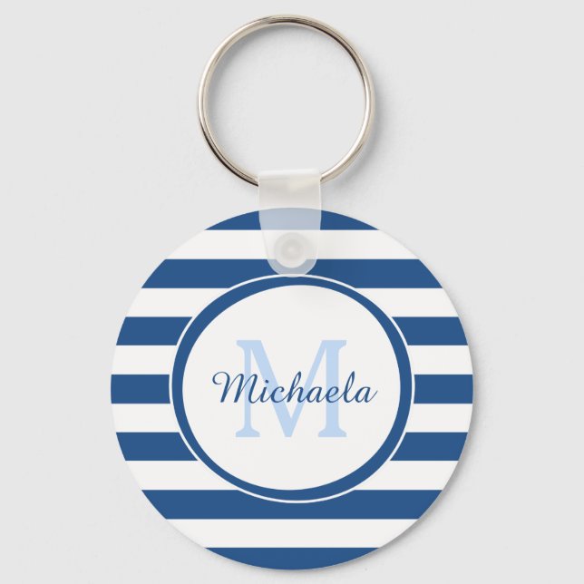 Fresh Dark Blue Monogram and Fat Stripes Pattern Keychain (Front)