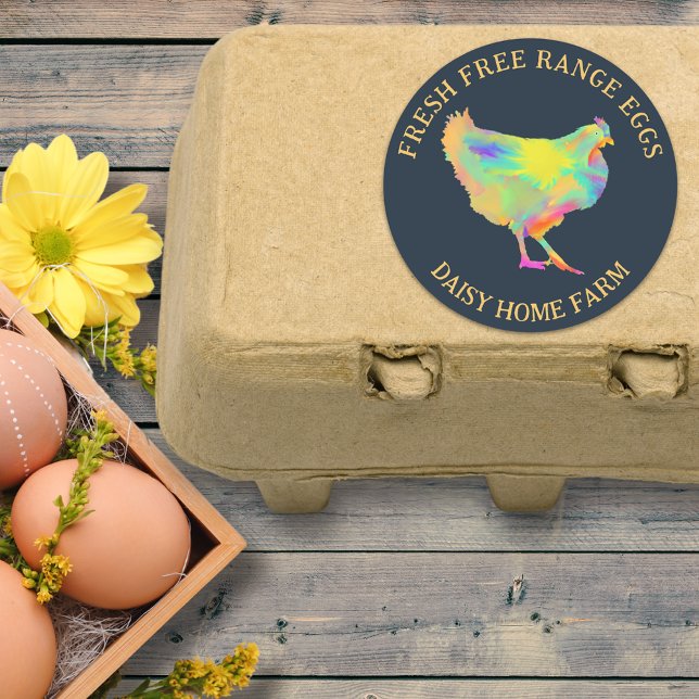 Fresh Eggs Chicken Business Personalized Classic Round Sticker (Fresh free range chicken egg box stickers with personalized business name colorful hen)