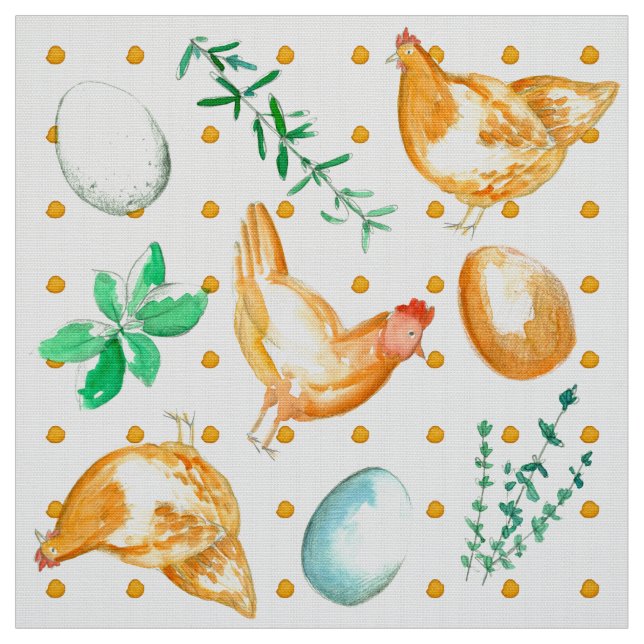 Fresh Eggs Chickens Herbs Kitchen Polka Dot Fabric (Swatch)