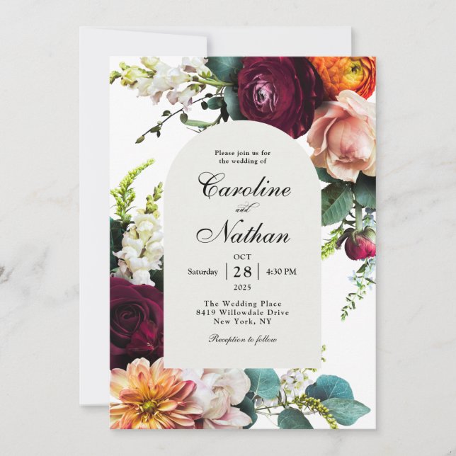 Fresh Fall Arched Frame Floral Wedding Invitation (Front)