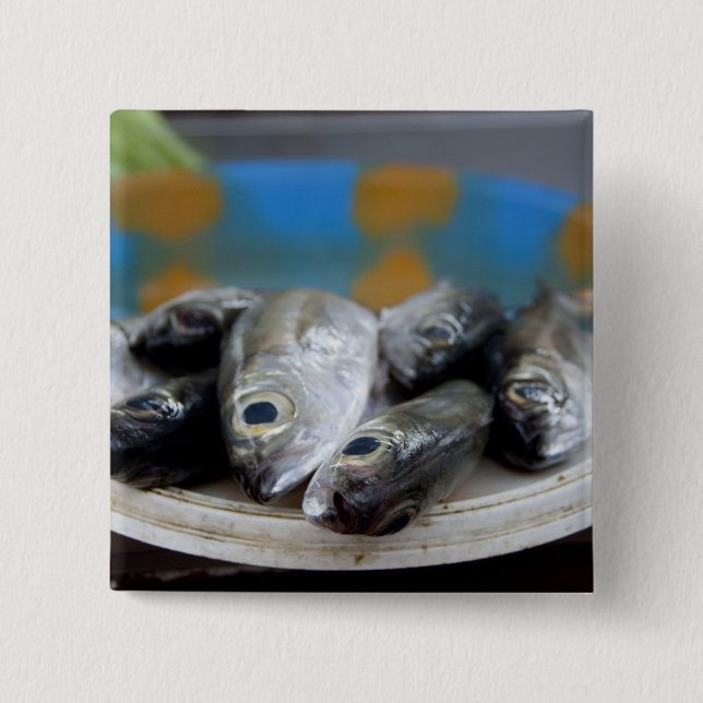 Fresh fish on fish market Mercado de Peixe), 2 Inch Square Button (Front)