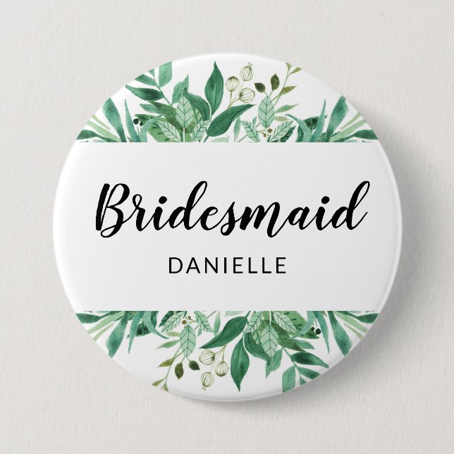 Fresh Foliage Botanical Bridesmaid Monogrammed 3 Inch Round Button (Front)