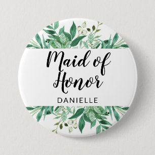 Fresh Foliage Botanical Maid of Honour Monogrammed 3 Inch Round Button