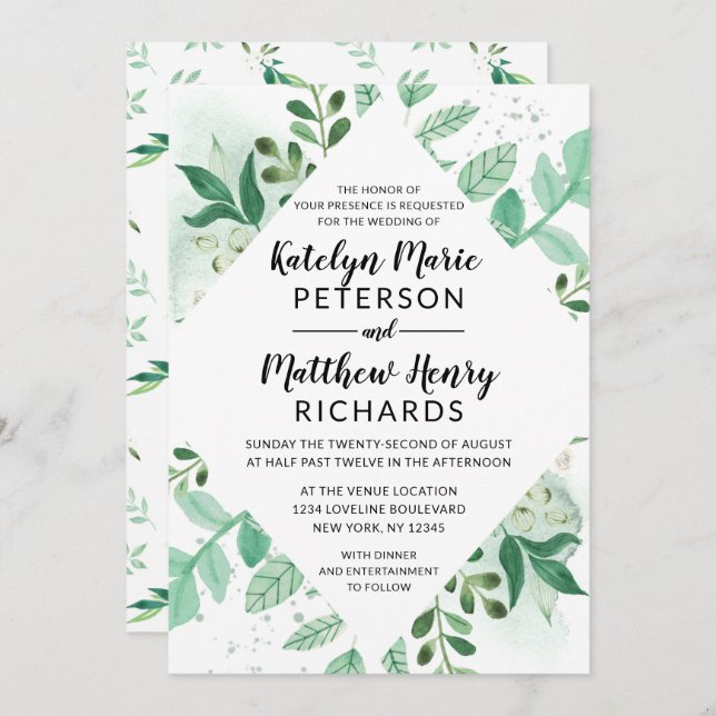 Fresh Foliage Botanical Watercolor Diamond Wedding Invitation (Front/Back)
