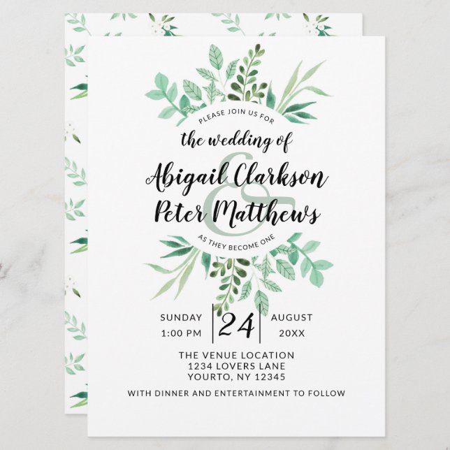 Fresh Foliage Botanical Watercolor Wreath Wedding Invitation (Front/Back)