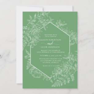 Fresh Green and White Geometric Floral Wedding Invitation