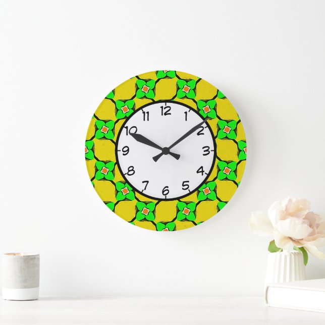 Fresh Green and Yellow Lemon Garden Pattern Large Clock (Home)