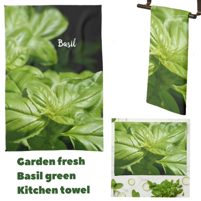 Fresh Green Basil Leaves Customizable Black Kitchen Towel (Creator Uploaded)