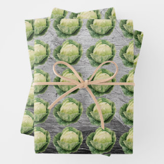 Fresh Green Cabbage Pattern on Rustic Metal Wrapping Paper Sheet