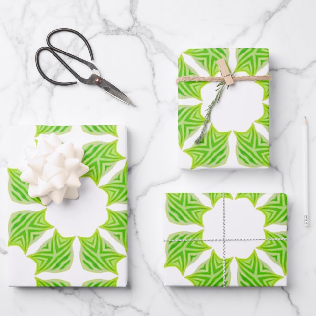 Fresh Green Geometric Leaf Pattern Gift Wrap (Front)