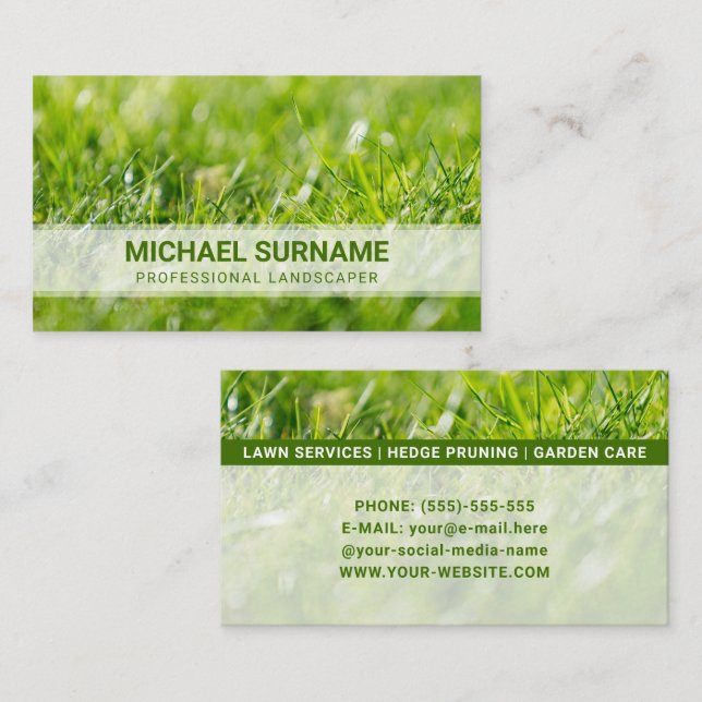 Fresh Green Lawn Mowing Service Landscaper Photo Business Card (Front/Back)