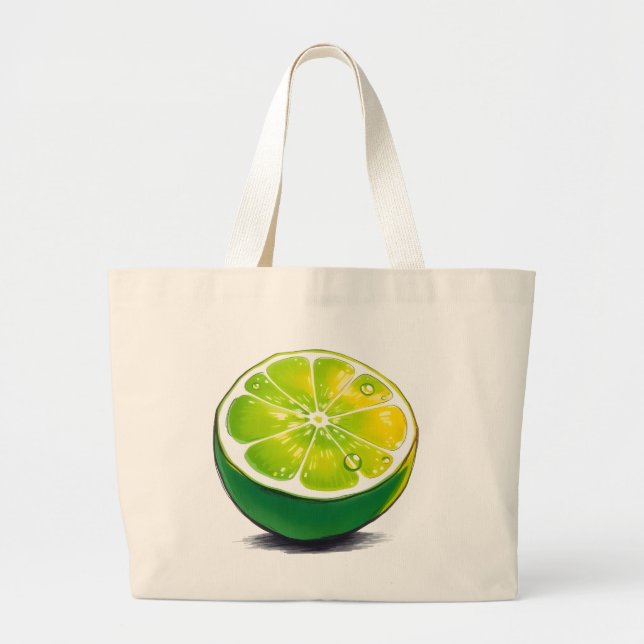 fresh green lime with water droplets large tote bag (Front)