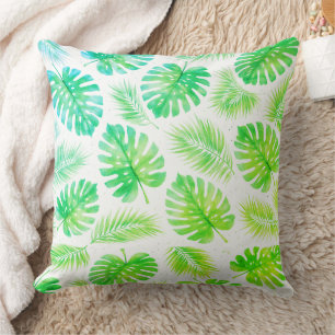 Fresh Green Monstera and Palm Leaves Watercolor Throw Pillow