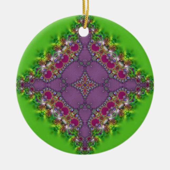 Fresh Green + Pink Lacy Design Ornament (Front)